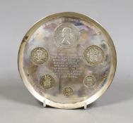 A modern silver Royal Mint coin dish, to commemorate the change over to decimalisation, inset with
