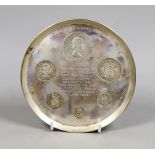 A modern silver Royal Mint coin dish, to commemorate the change over to decimalisation, inset with