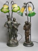 Two bronzed metal figural table lamps, with Art Nouveau style glass shades, 66cm total