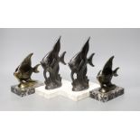 Two pairs of Art Deco spelter 'Angel fish' bookends. Tallest pair 20cm
