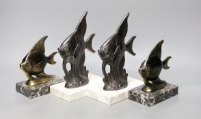 Two pairs of Art Deco spelter 'Angel fish' bookends. Tallest pair 20cm