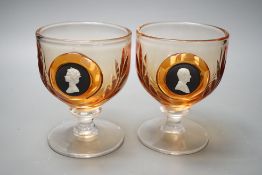 A pair of Wedgwood glass goblets with inset jasper commemorative plaques depicting QEII and Duke