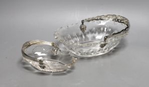 Two Victorian cut glass baskets with silver handles, largest 21cm long