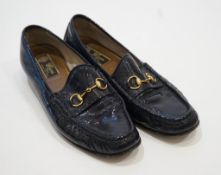 A pair of ladies Gucci Flat Loafer Navy size 41 with bag on box
