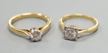 Two 18ct and solitaire diamond rings, one illusion set, gross weight 5.9 grams.