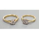 Two 18ct and solitaire diamond rings, one illusion set, gross weight 5.9 grams.