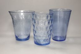 Three Whitefriars blue art glass vases. Tallest 20cm