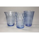 Three Whitefriars blue art glass vases. Tallest 20cm