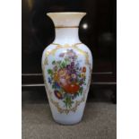 A 19th century French floral painted opaline glass baluster vase, possibly Baccarat, 43cms high