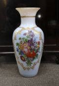 A 19th century French floral painted opaline glass baluster vase, possibly Baccarat, 43cms high