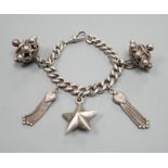 Part of a silver albert, hung with five assorted white metal charms, gross 84 grams.