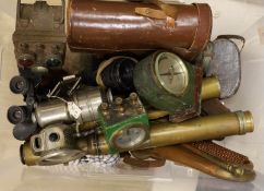 Various binoculars, a bugle, Stanley dumpy level, etc.