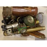 Various binoculars, a bugle, Stanley dumpy level, etc.