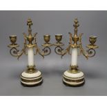 A pair of gilt bronze and marble two branch candelabra, 30cms high