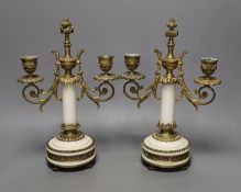 A pair of gilt bronze and marble two branch candelabra, 30cms high