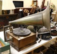 A table top gramophone with horn