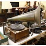 A table top gramophone with horn