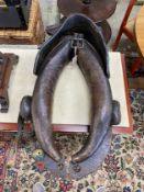 A late Georgian leather barge horse harness, height 78cm