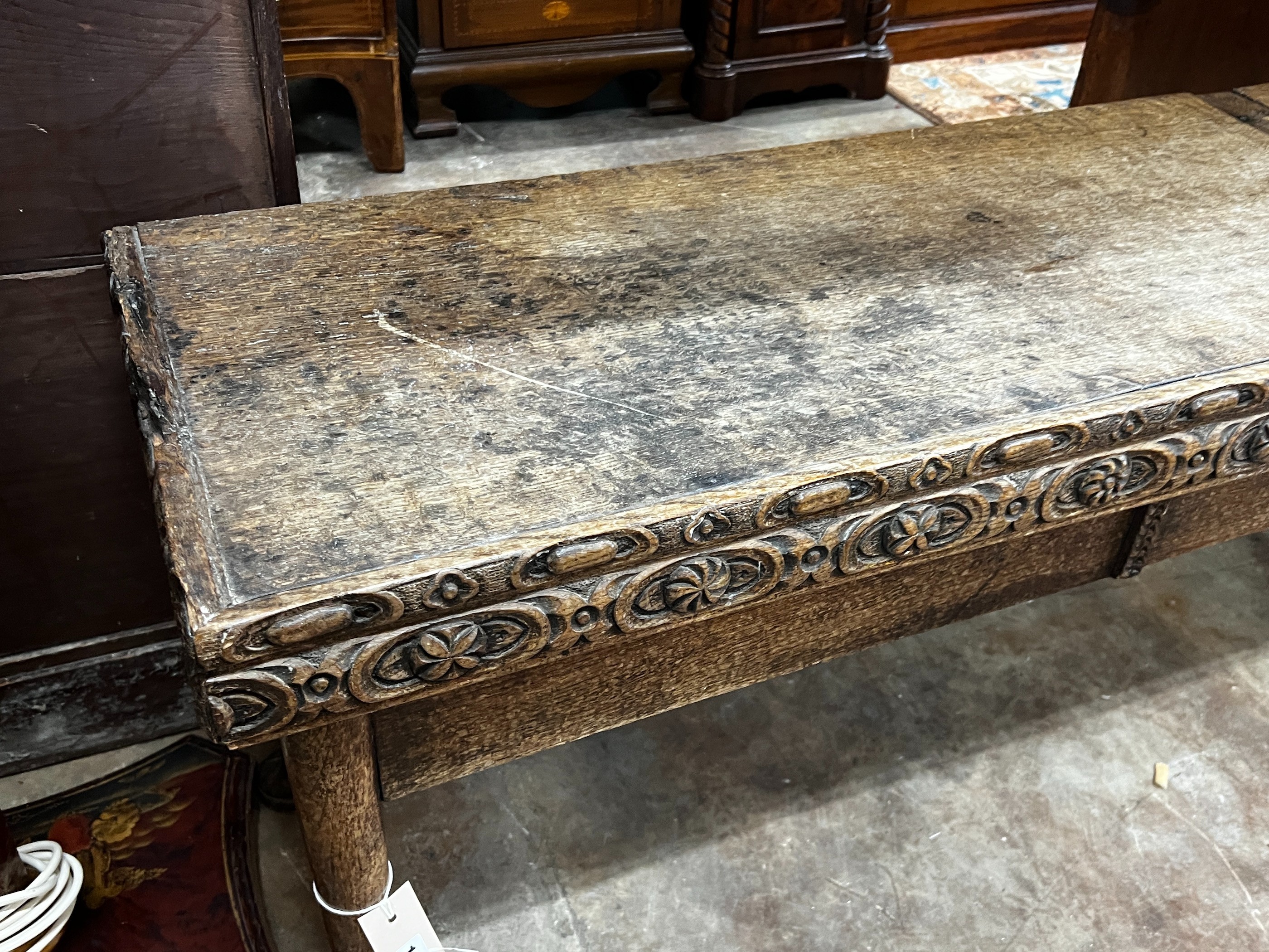 An 18th century and later carved oak hall bench with twin hinged box seat, width 183cm, depth - Image 2 of 4