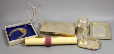 Three white metal items including a cigarette box, engraved with the Argonaftis Cruise, 1960, 16cm a