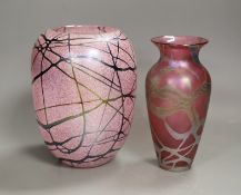 An Okra iridescent glass vase and another similar vase, Okra vase 16.5cms high