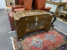 A Chinese carved teak and camphorwood lined chest, length 100cm, depth 54cm, height 64cm