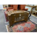 A Chinese carved teak and camphorwood lined chest, length 100cm, depth 54cm, height 64cm