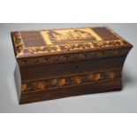 A late 19th century Tunbridge ware tea caddy depicting Eridge Castle, 31cm wide