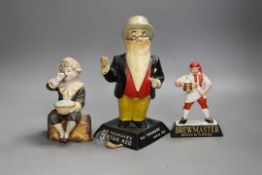 A Younger's Tartan keg advertising figure, a Brewmaster figure and a bisque figure. Tallest 22cm