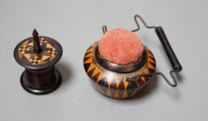 A Tunbridge ware stickware ‘kettle’ sewing pin cushion and a similar half square mosaic tape