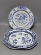 Three Chinese export blue and white dishes, 18th/19th century, largest 42cms wide
