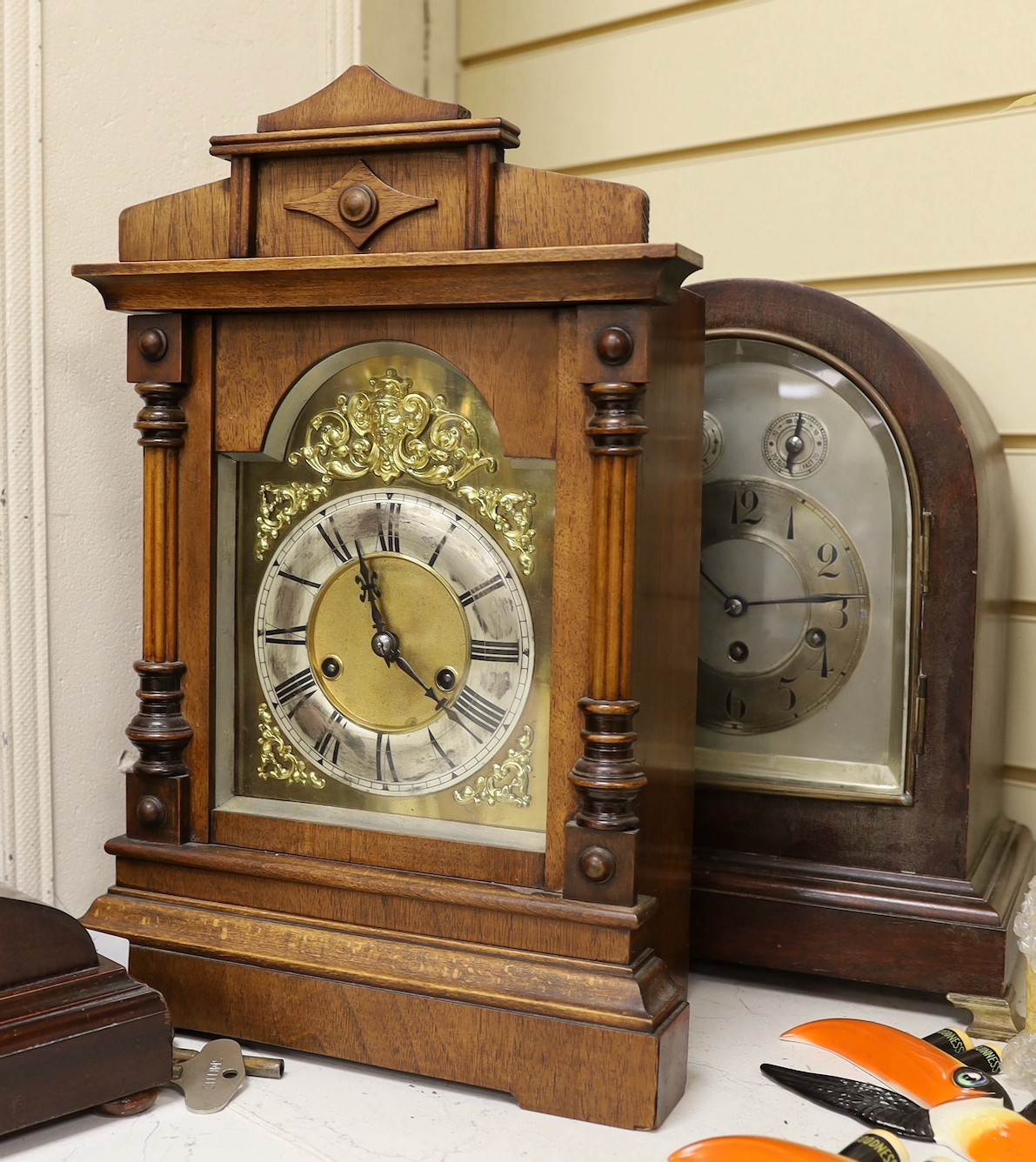 Two domed mantel clocks, a Connecticut shelf clock and a Black Forest mantel clock - Image 3 of 5