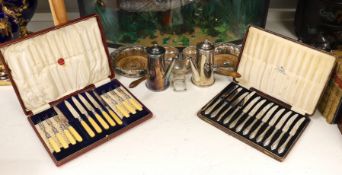 A case of twelve silver handled tea knives, one damaged, Sheffield 1931, two pairs of silver