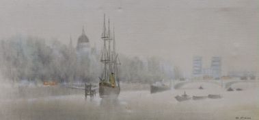 H. Mann, oil on canvas, Shipping on The Thames, signed, 47 x 101cm