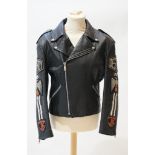 A gentleman's John Richmond black leather biker jacket with 'Destroy' embroidered arms, size L
