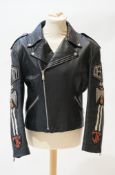 A gentleman's John Richmond black leather biker jacket with 'Destroy' embroidered arms, size L