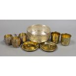 Eight assorted French white metal items including pair of gilded beakers on stands, by Puiforcat,