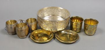Eight assorted French white metal items including pair of gilded beakers on stands, by Puiforcat,