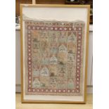 An Eastern framed silk rug depicting trees amimals and buildings, 86 cms high x 67cms wide