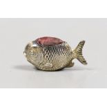 An Edwardian novelty silver mounted pin cushion, modelled as a fish, Sampson Mordan & Co, Chester,