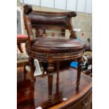 A Continental beech desk chair with leather seat, width 53cm, depth 48cm, height 73cm