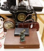 A Victorian slate mantel clock, together with a selection of various items including a set of