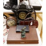 A Victorian slate mantel clock, together with a selection of various items including a set of