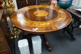 A Victorian style floral marquetry inlaid yew, walnut and rosewood circular breakfast table,