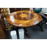 A Victorian style floral marquetry inlaid yew, walnut and rosewood circular breakfast table,