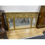 A Regency style gilt frame triple plate overmantel mirror, width 142cm, height 76cm