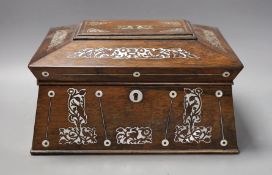 A Victorian mother of pearl inlaid rosewood workbox, 30cm