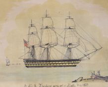 English School, ink and watercolour, 'HMS Thunderer going out of Malta, May 1835', 34 x 55cm