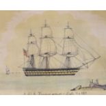 English School, ink and watercolour, 'HMS Thunderer going out of Malta, May 1835', 34 x 55cm