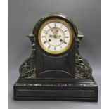 A late 19th century black slate and marble mantel clock, Hubt and Wray Paris, 36cms high
